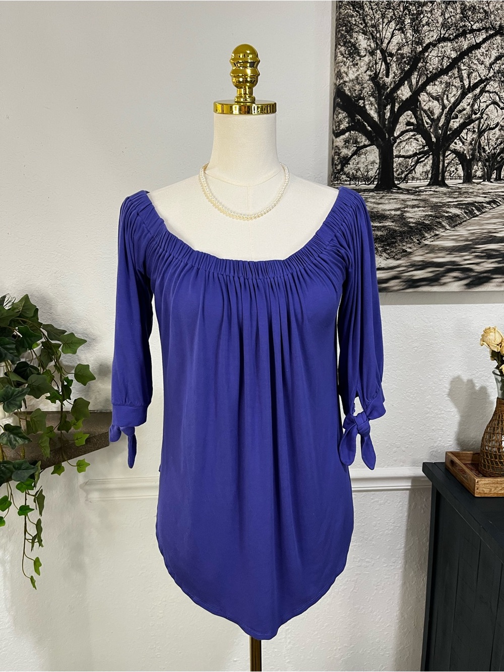Cupio Royal Blue Peasant Blouse with Tie Sleeves